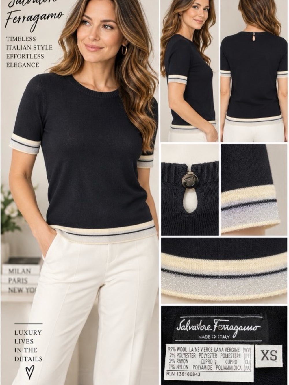 Salvatore Ferragamo 95% Wool Short Sleeve Knit Sweater Black XS Italy